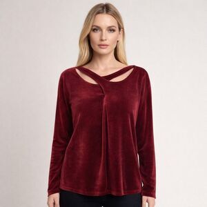 Tru Luxe Jeans Shirt Womens XL Burgundy Velvet Crisscross Neck Long Sleeve